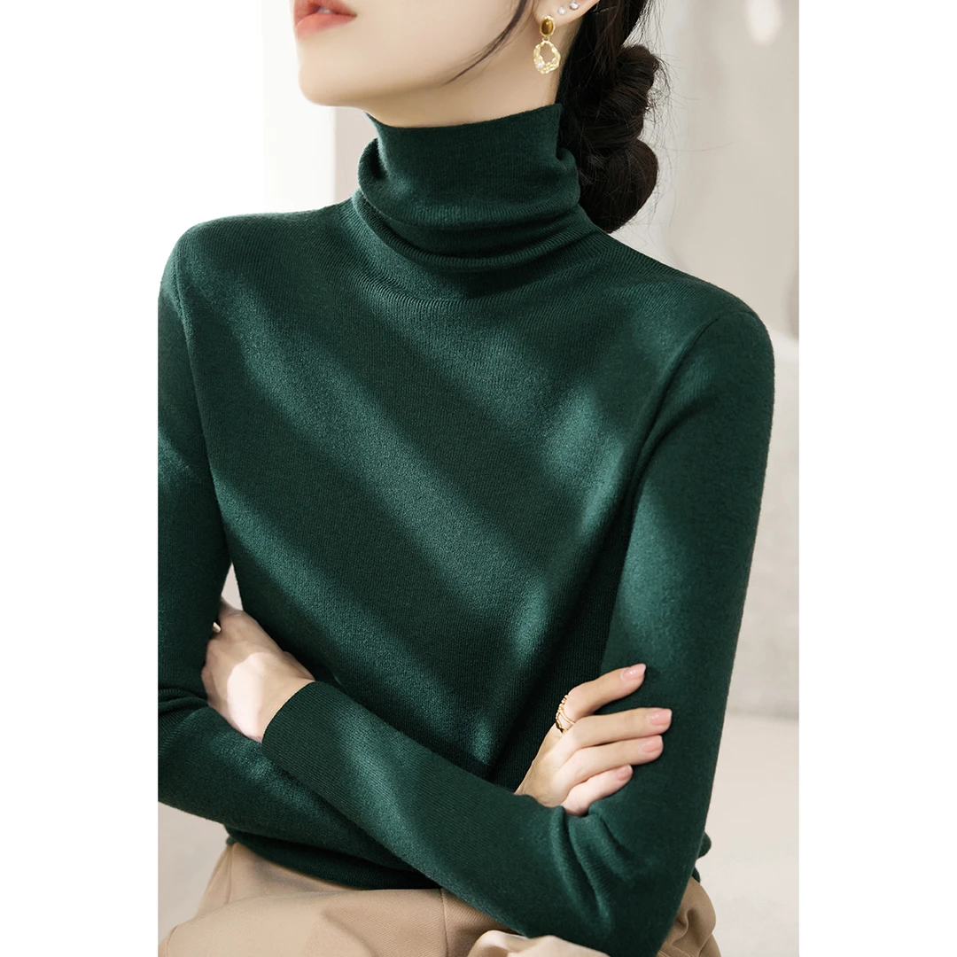 墨绿色长袖针织衫女大衣外套内搭打底上衣冬季新款气质堆堆领毛衣