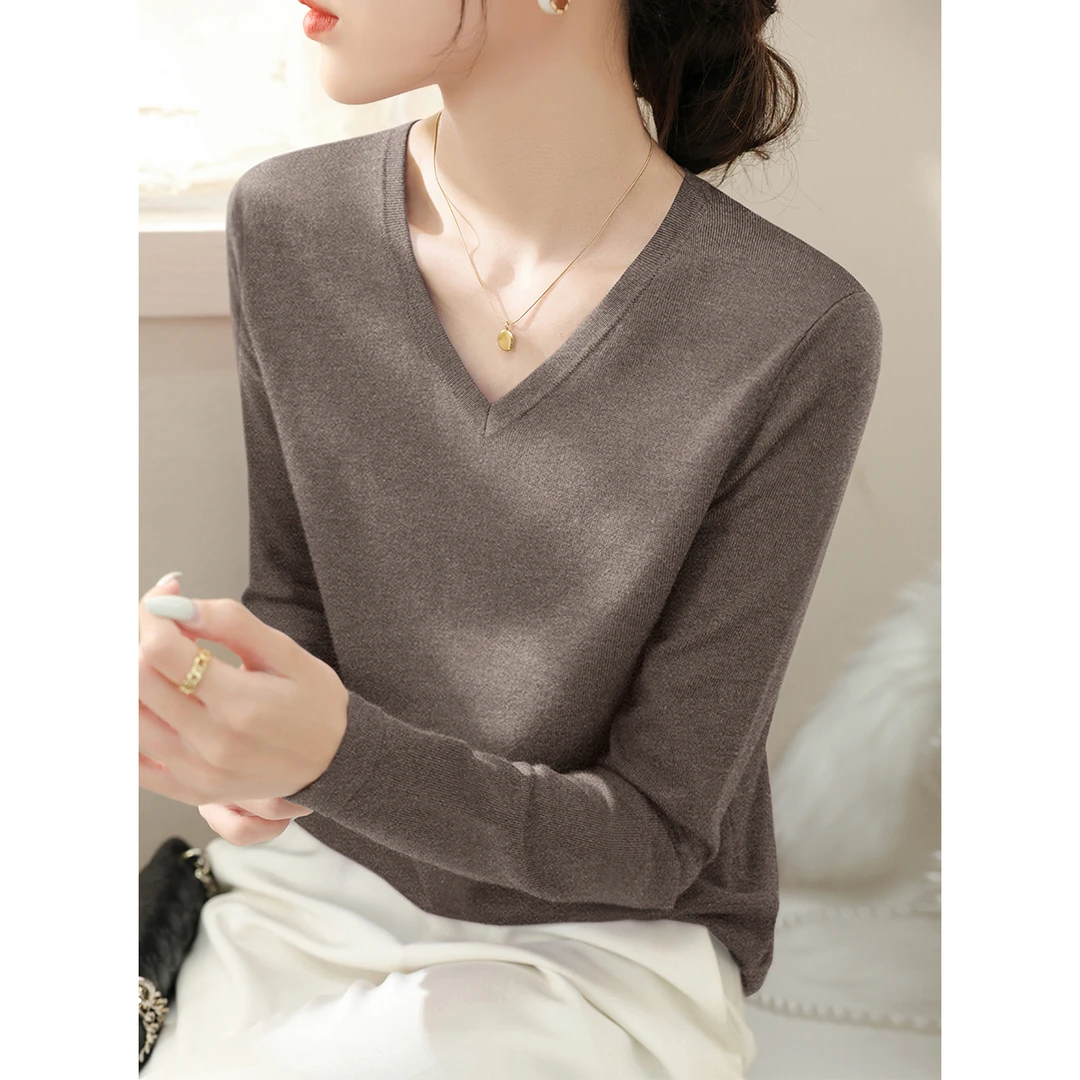 2025春季新款女花啡色V领毛衣纯色内搭打底上衣宽松长袖针织衫