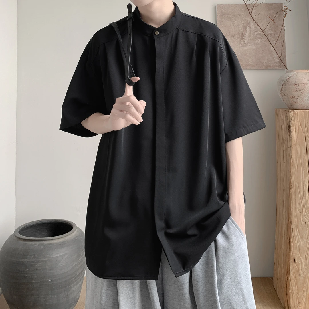 轻熟风男士百搭休闲短袖衬衫夏季薄款垂感立领冰丝痞帅衬衣七分袖