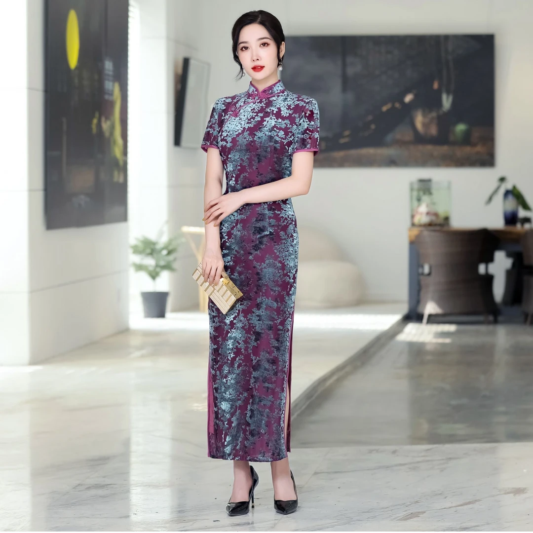 F-0019时尚气质修身显瘦靓丽华贵日常中长款中国风旗袍衣长约120