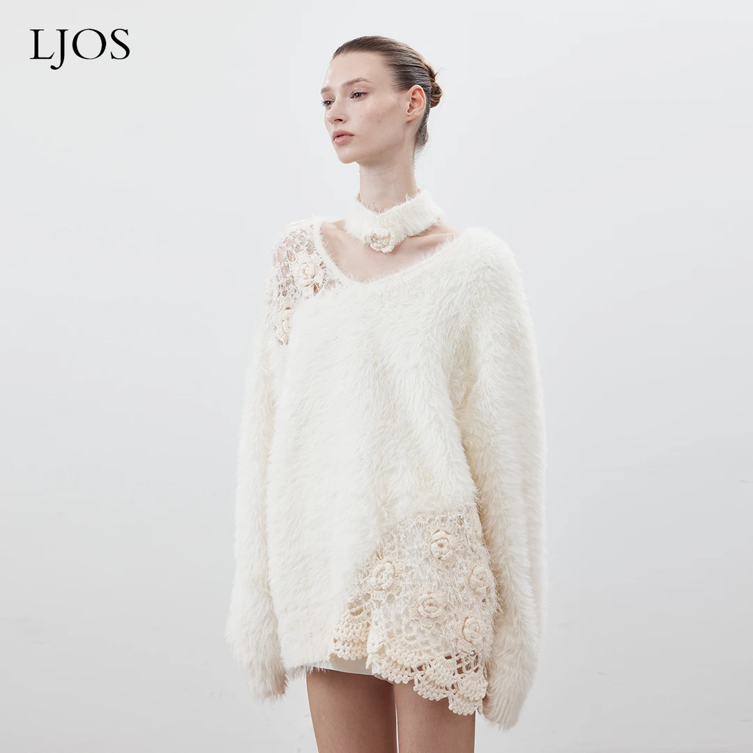 LJOS柔雅杏手工钩花貂绒毛衣裙2024秋冬新款V领毛衣