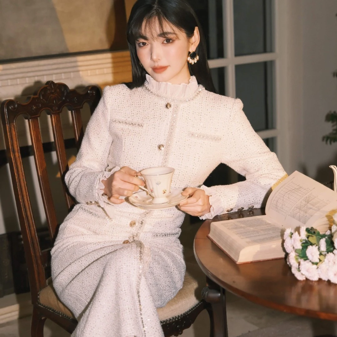 LJOS珍珠装饰千金风长裙设计感小香风法式复古长款显瘦黑色白色