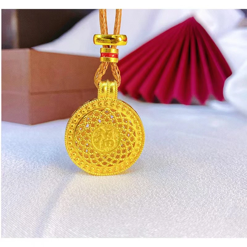 铜合金吊坠 小号莲花福牌棕绳款手工编织双面金色