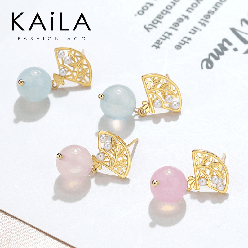 kaila 铜合金仿珍珠耳饰柳叶扇形耳环银针新中式古风新款耳饰