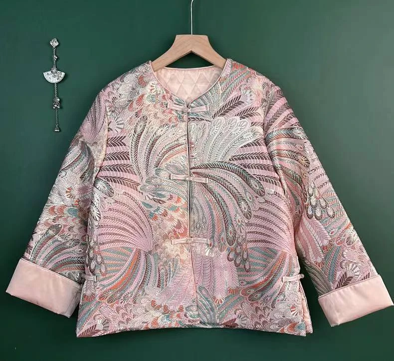 凤羽 新款秋冬长袖外套中国风圆领加棉加厚宽松秋冬厚外套