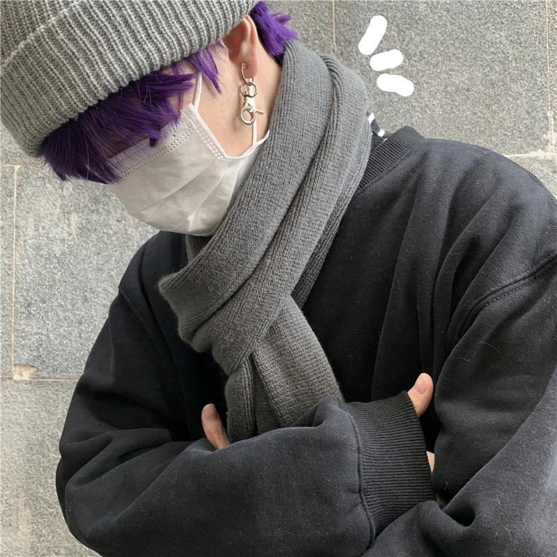 韩国ins秋冬围巾男复古韩版暗黑街拍保暖潮人学生灰色针织围脖男