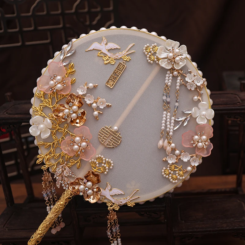 纯手工圆形新娘中式秀禾团扇手工diy材料包结婚扇大号喜扇遮面