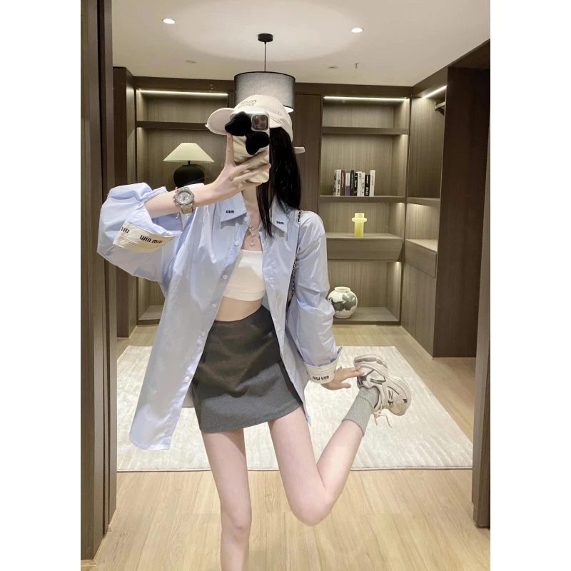 衬衫女装2025年早秋新款韩系百搭小众设计感蓝色防晒衬衫外套潮