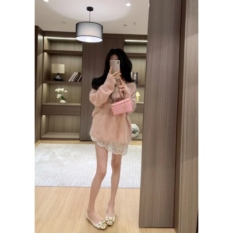 软糯慵懒风粉色针织毛衣女2024秋冬季小众高级感宽松温柔韩版上衣