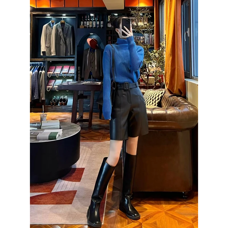 秋季软糯针织衫女2024法式显白克莱因蓝色百搭基础高领修身针织衣