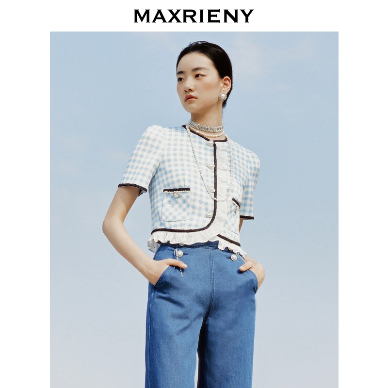 MAXRIENY上衣格纹外套小香风气质针织短款夏季复古格子MS88JA251