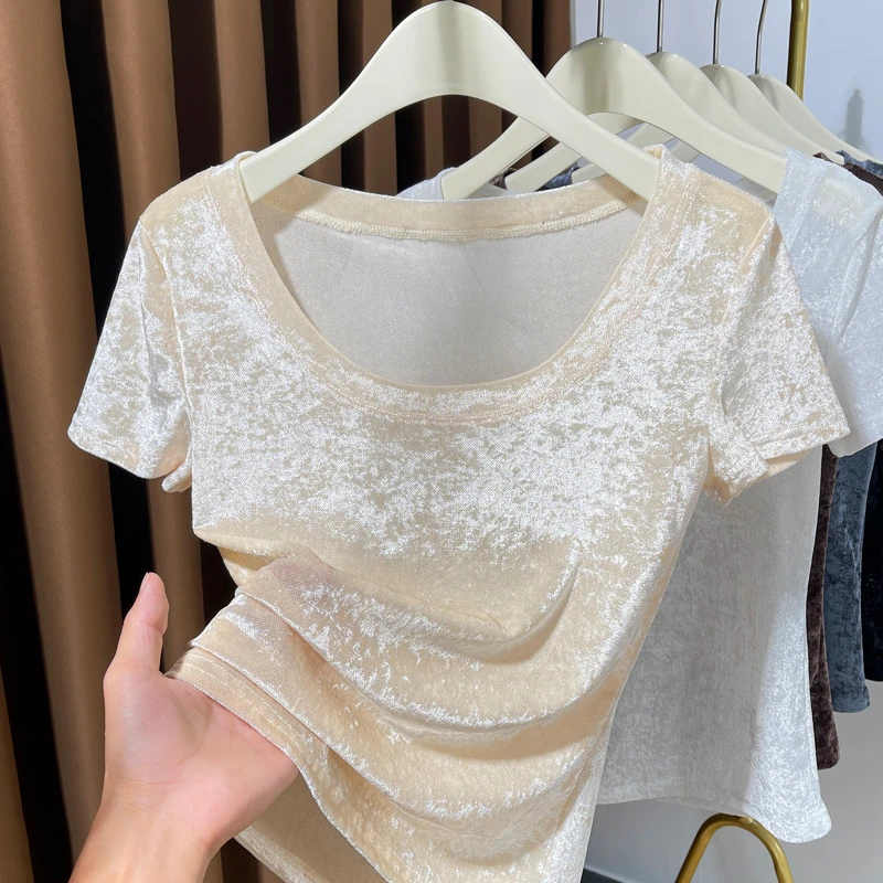 微透丝绒正肩短袖T恤女2025新款高级感网纱上衣女大领口内搭打底