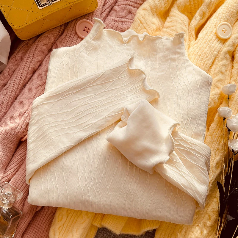 半高领蕾丝内搭加绒小衫女秋冬2022新款加厚保暖洋气内衬网纱上衣