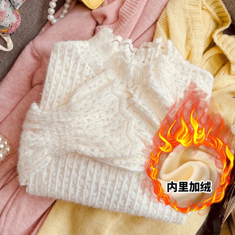 洋气喇叭袖半高领蕾丝打底衫女秋冬2022新款加绒加厚内搭小衫上衣