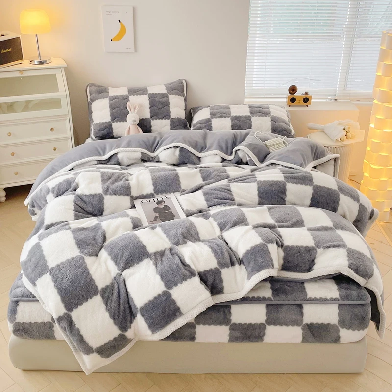 【极柒快乐家居】秋冬A类北极绒厚夹棉床笠+北极绒宽包边被套四件