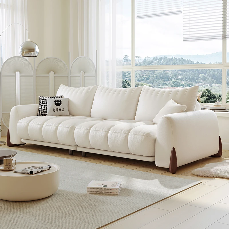 冬熊小喵兽沙发头层牛皮真皮钢琴键法式奶油风白色皮沙发PS197