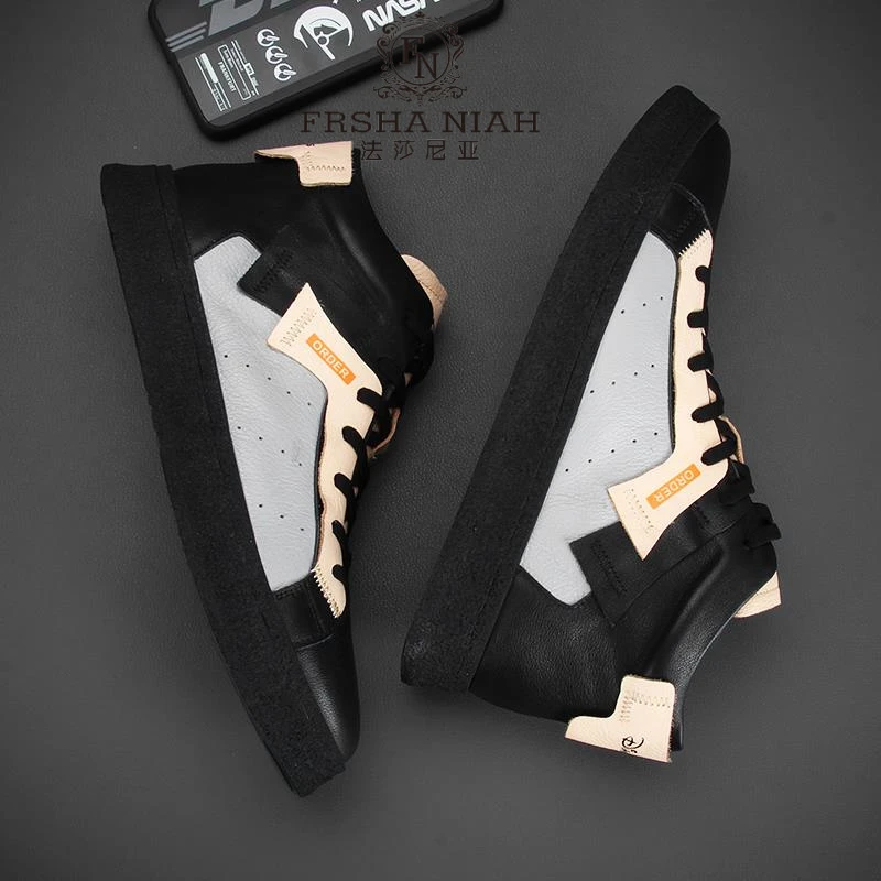 法莎尼亚英伦风高帮休闲板鞋男春秋新款男鞋加绒保暖中帮真皮短靴