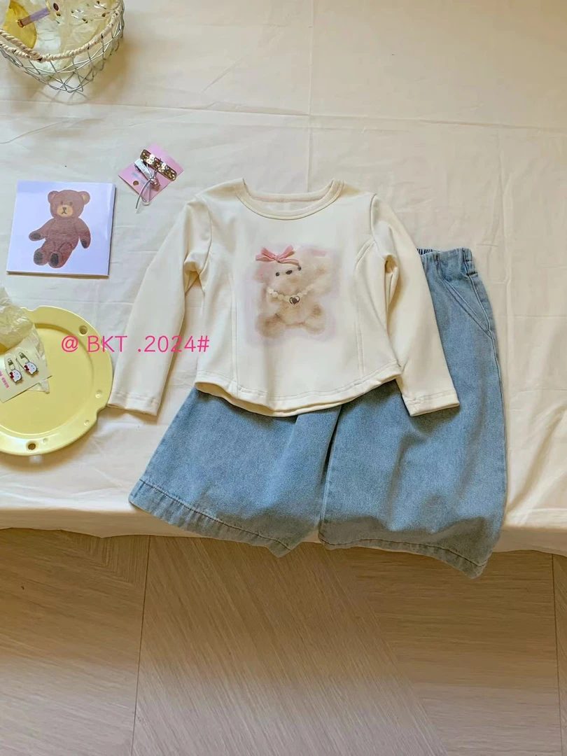 儿童卡通套装2024秋季新款韩版童装女童宝宝小熊印花娃娃衫上衣