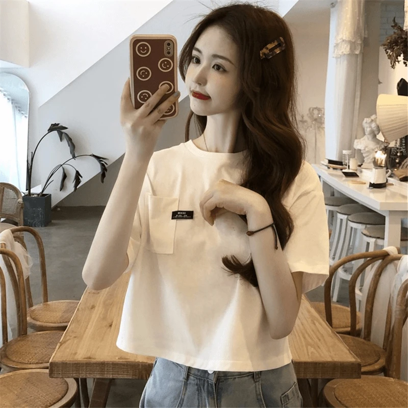 【纯棉】夏季新款韩版T恤短袖女时尚宽松显瘦贴袋短款百搭上衣女