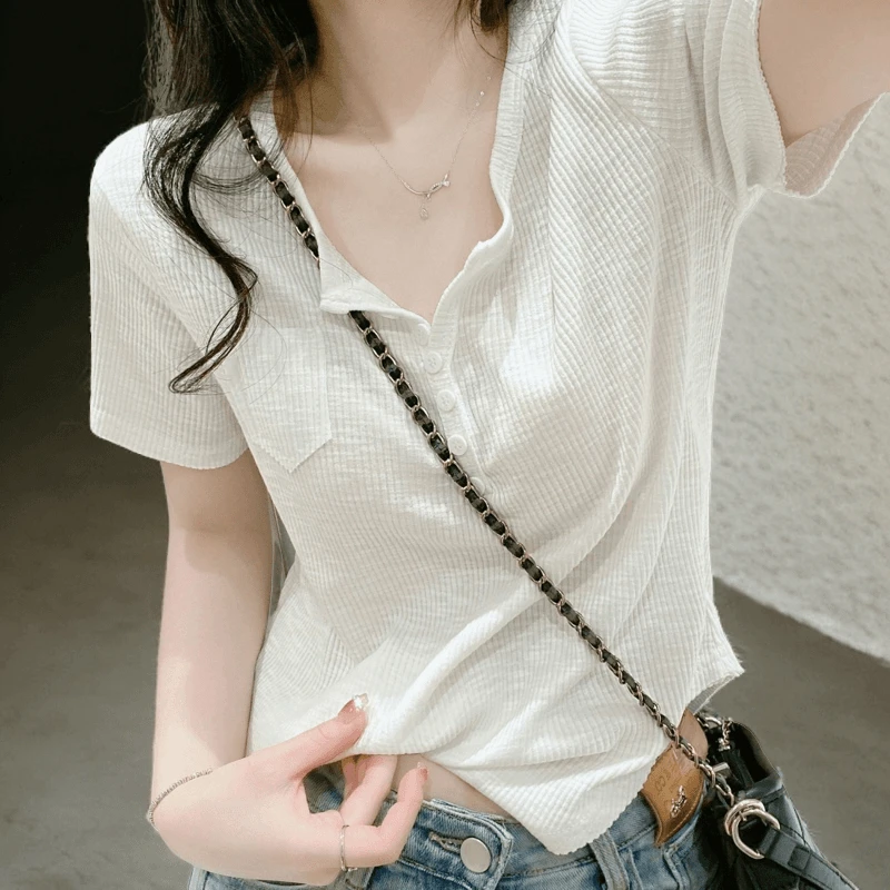 小众休闲正肩v领短袖t恤女夏季新款韩版设计感修身显瘦百搭上衣女