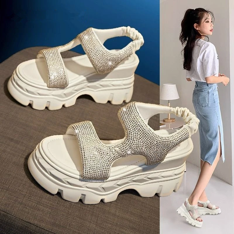 水钻凉鞋女夏季外穿2024新款网红仙女风罗马鞋子百搭厚底增高女鞋
