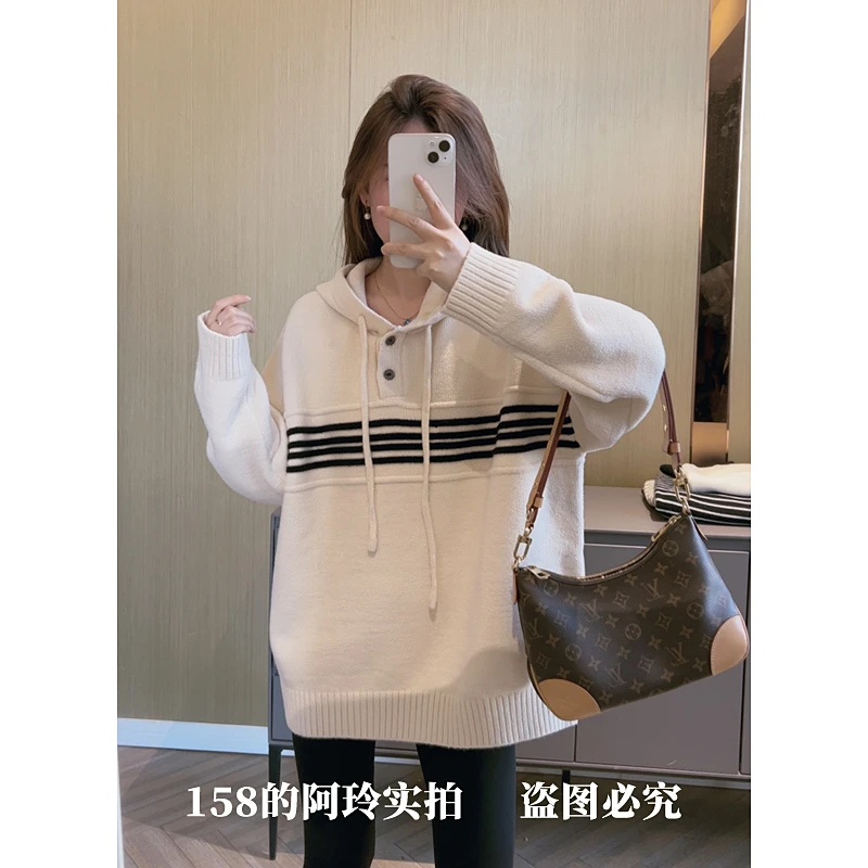 【158玲老板推荐】亲肤绒抗起球连帽条纹针织衫2024毛衣针织衫