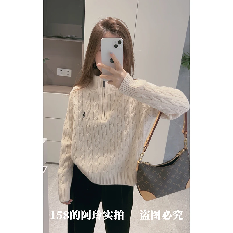 【阿玲实拍】半高领拉链百搭套头毛衣2023秋冬韩版绣花针织衫上衣