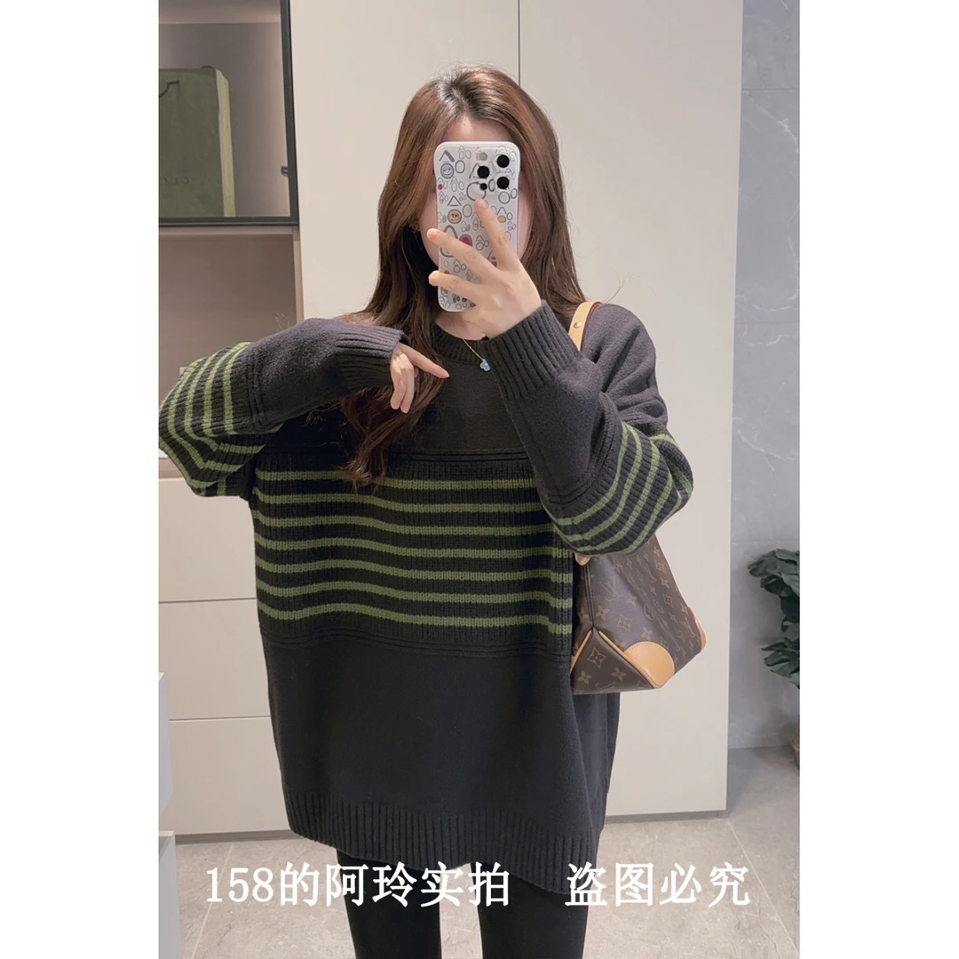 【阿玲实拍】松弛感圆领毛衣女2024新款撞色条纹宽松大版型亲肤套头