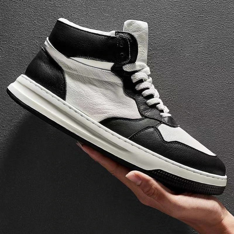 男鞋百搭潮流高帮鞋男头层牛皮真皮四季运动休闲板鞋熊猫时尚男式