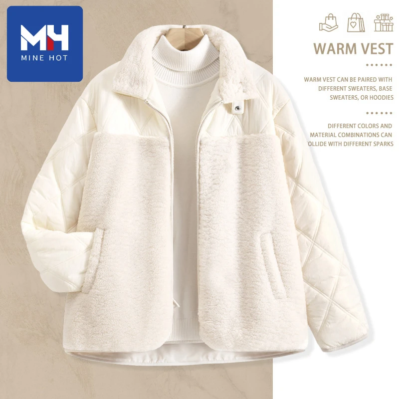 唐狮集团MH加厚外套女秋冬设计感小众女款拼接羊羔绒保暖上衣