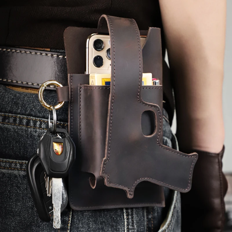 原创真皮男士腰包2024新款头层牛皮手机包可穿皮带运动烟盒收纳包