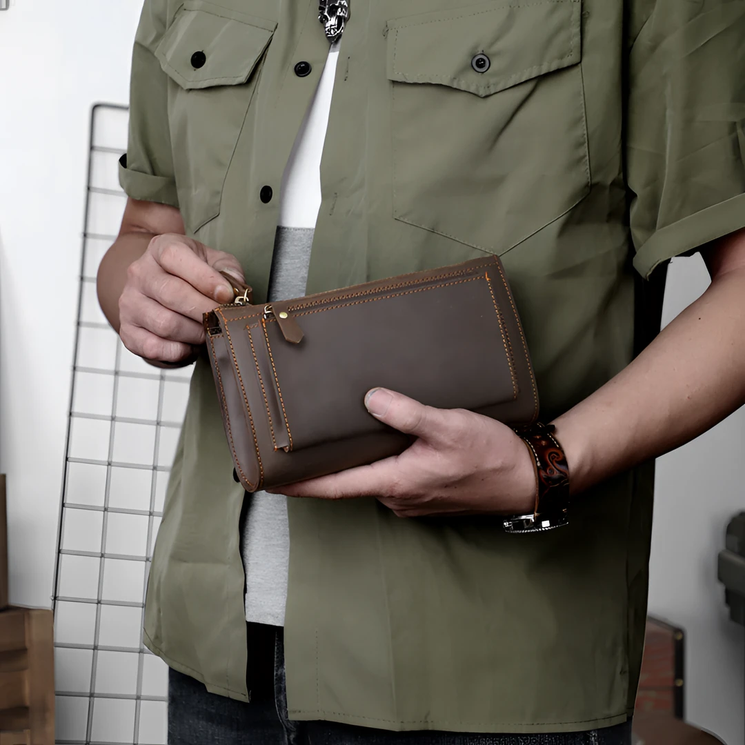 手拿包男士真皮长款拉链钱包休闲手工复古头层牛皮手机抓包手包潮