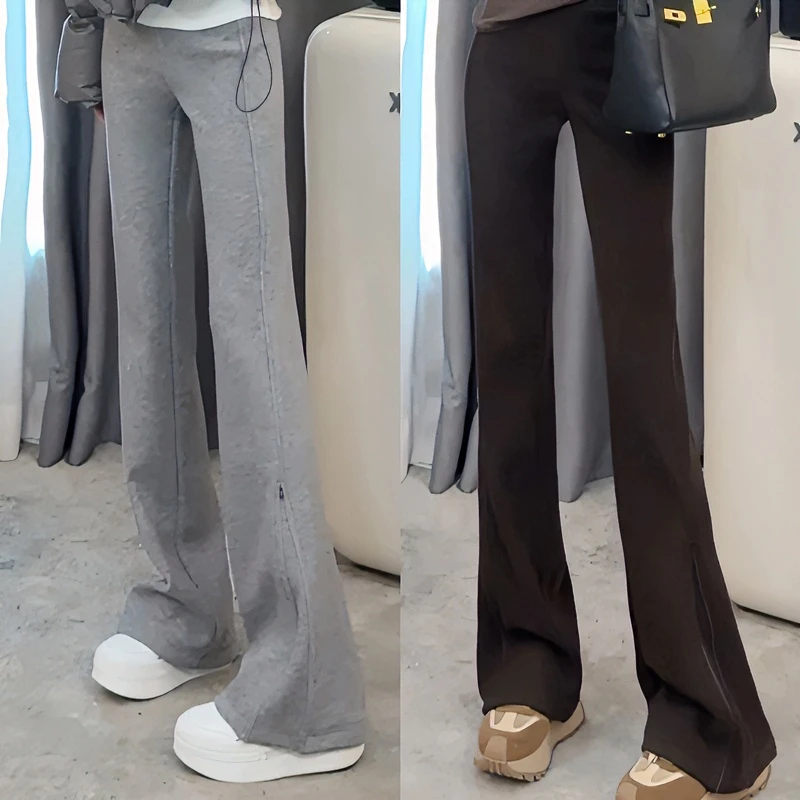 欧货超模裤厚绒两穿显瘦微喇裤女2023冬季新款高腰百搭休闲裤子潮