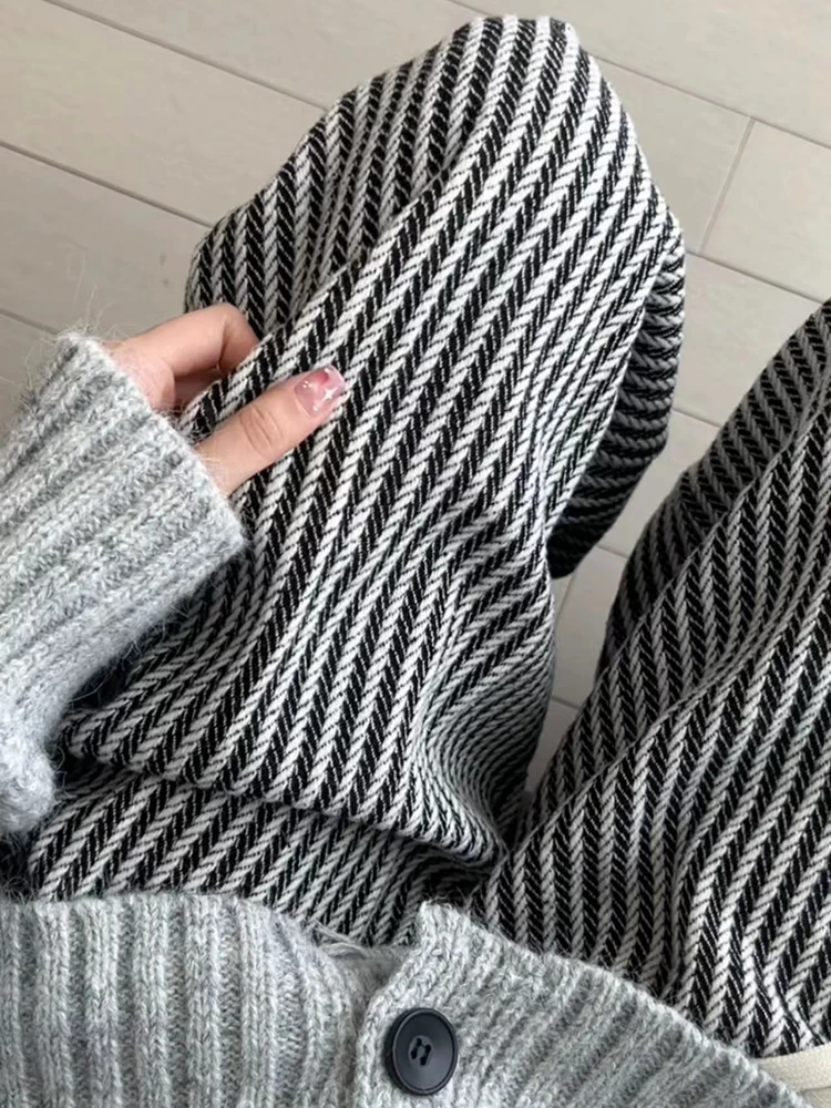 潮流阔腿裤女秋冬2023新款高腰垂感休闲小个子复古竖条纹加厚裤子