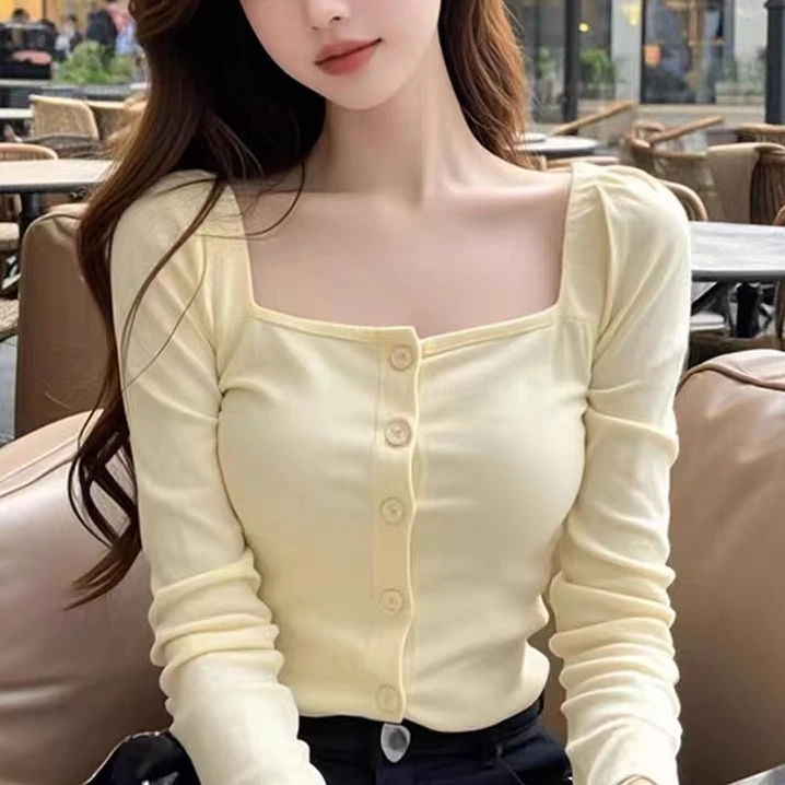 方领长袖法式修身T恤秋季新款洋气百搭显瘦气质收腰小鸡黄上衣女