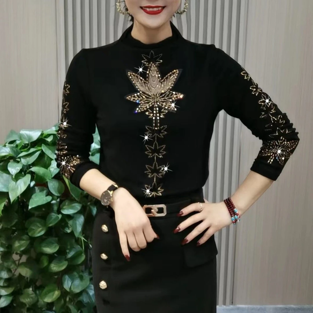 重工刺绣蕾丝半高领打底衫女长袖秋冬显瘦大码胖MM上衣小衫女