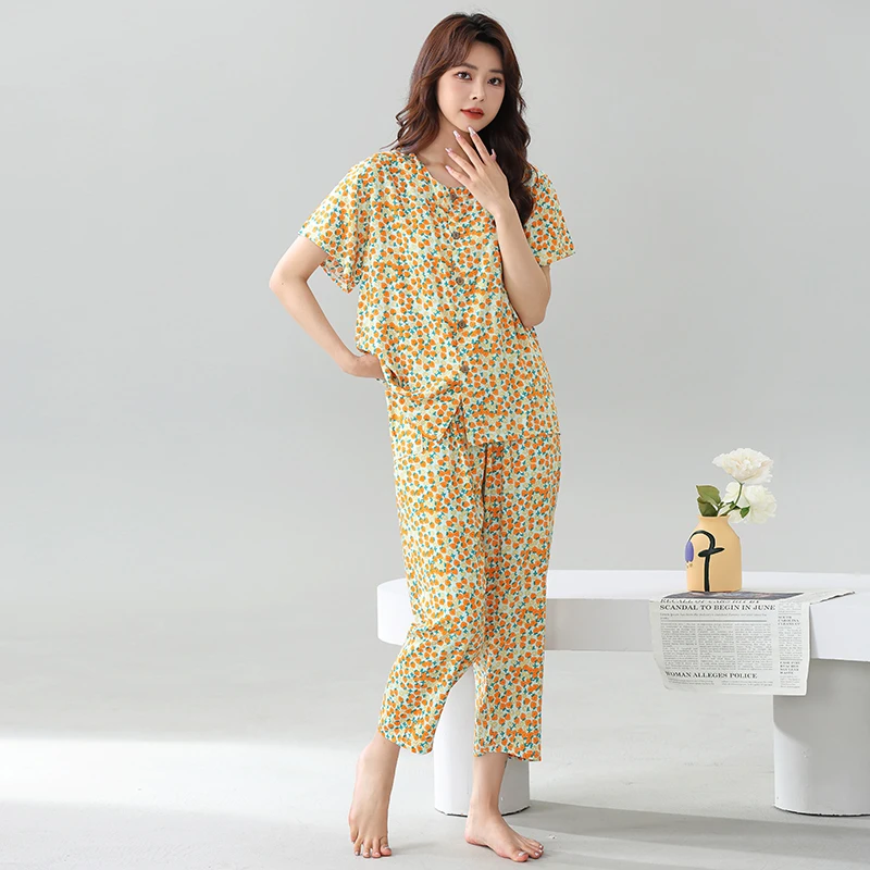 棉绸短袖开衫睡衣套装舒适透气家居服两件套妈妈装人造棉中老年女