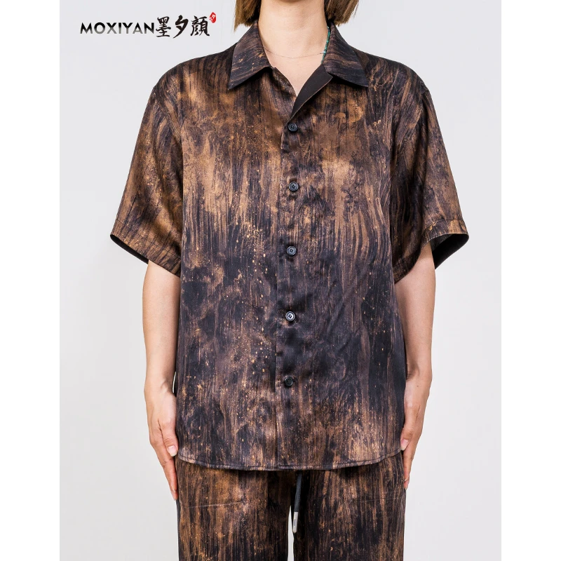 【墨夕颜】2024新款桑蚕丝香云纱男装国风 鎏金泼墨衬衫-MH-292