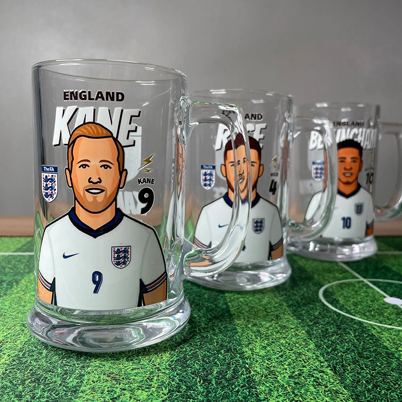 英格兰队简笔画设计玻璃水杯家用酒吧创意透明手柄啤酒杯玻璃杯