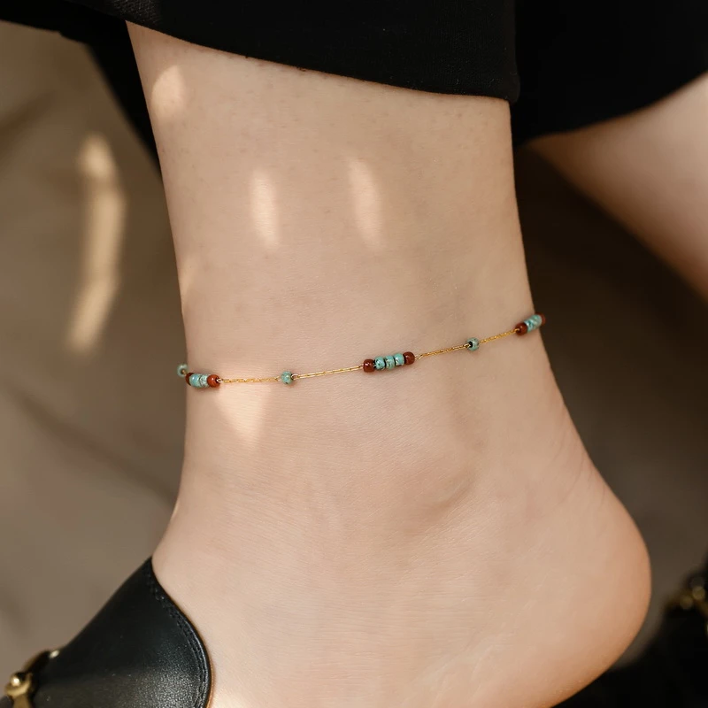 铜合金陶瓷脚链 绿色陶瓷串珠脚链小众新中式国潮高级感设计足链