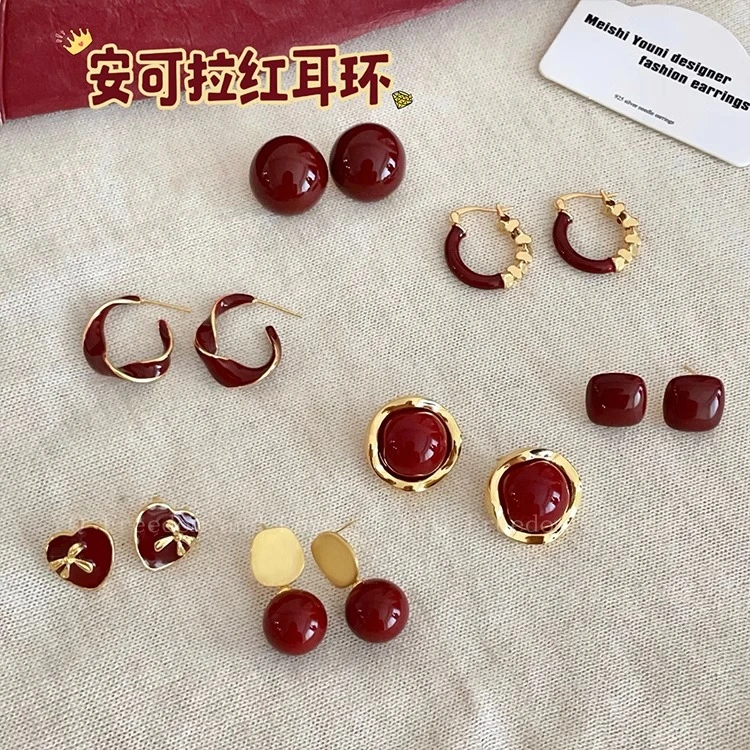合金耳饰 安可拉红复古风红色滴釉耳钉独特设计高级感港风耳环潮