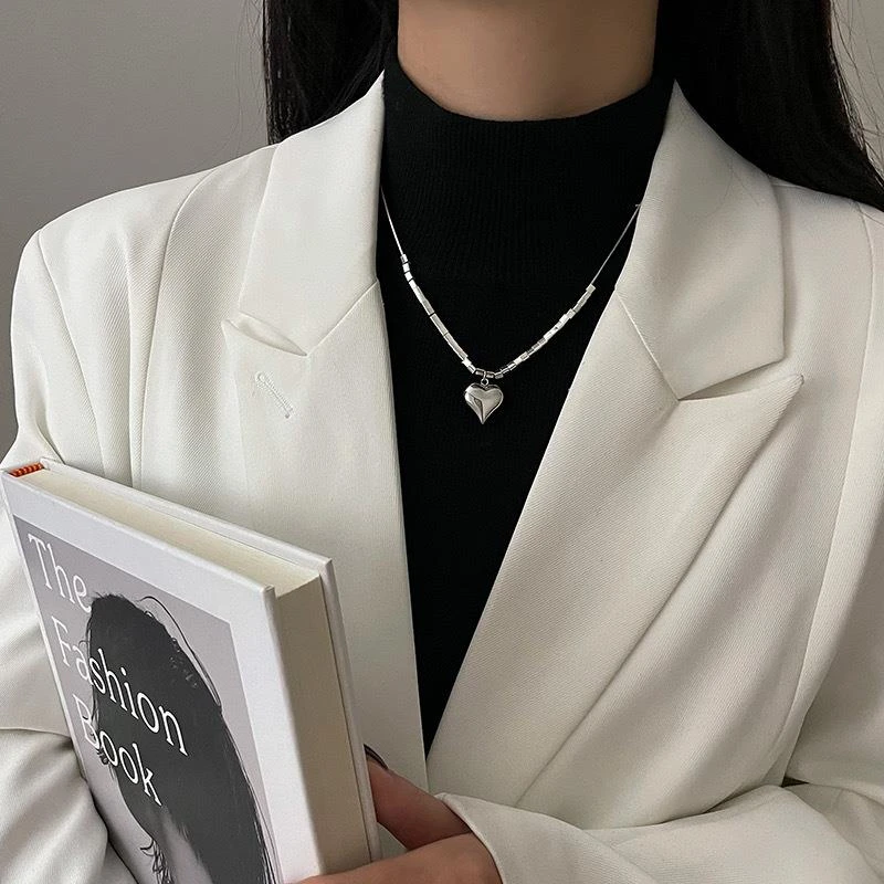 钛钢项链 立体爱心方块钛钢项链女ins简约小众设计感毛衣链配饰