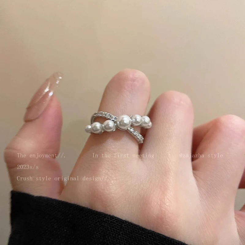 铜合金戒指 法式珠珠交叉设计可调节戒指女时尚百搭高级感食指环