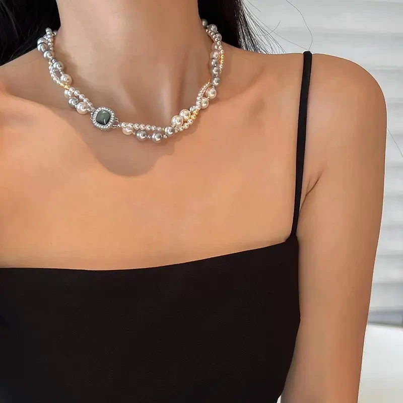 铜合金项链 轻奢混彩双层仿珍珠项链女高级感轻奢小众锁骨链颈链