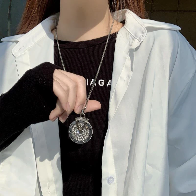 钛钢项链 时来运转罗盘时钟项链女高级设计感小众情侣钛钢毛衣链