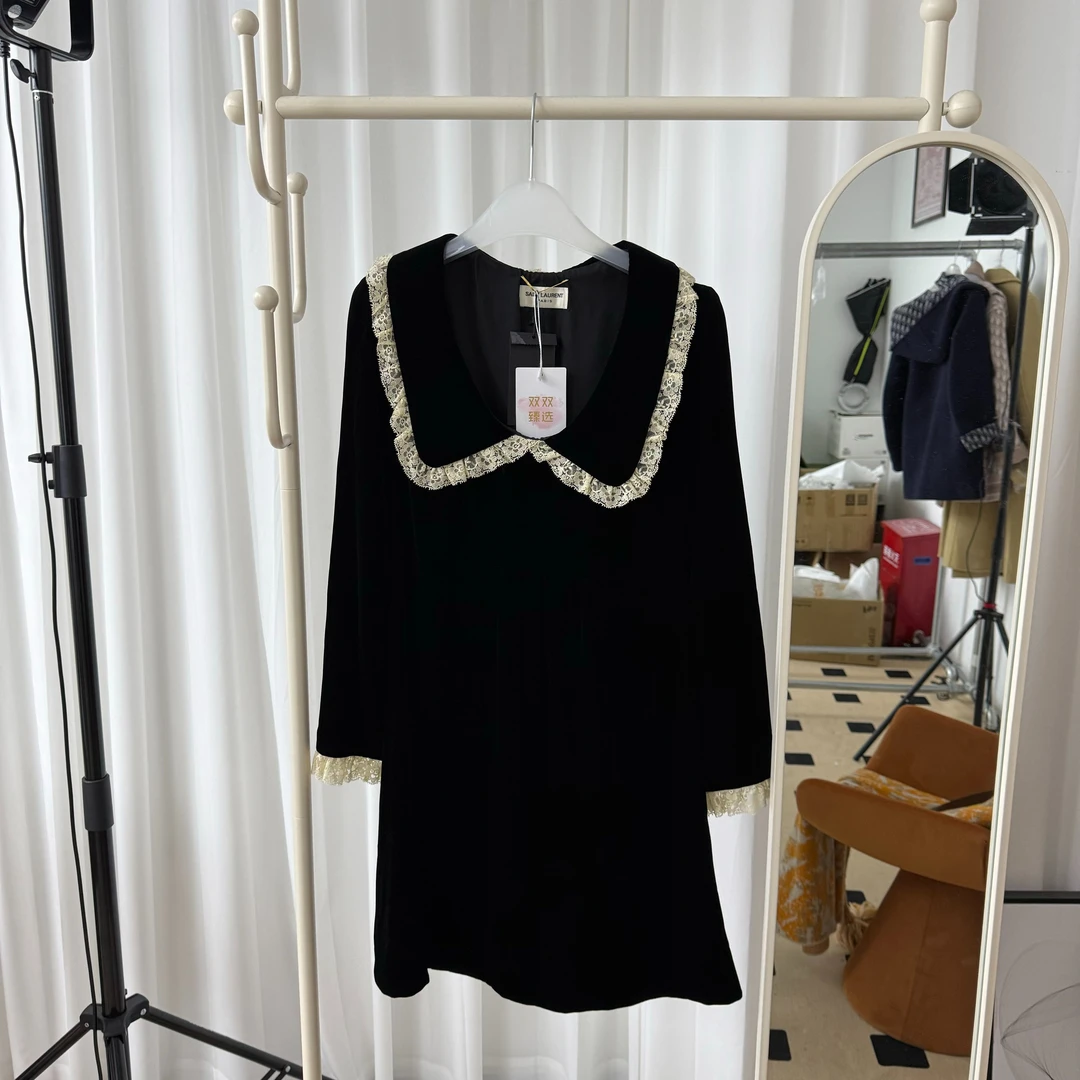 YSL/圣罗兰双双臻选/vv00514/圣罗兰丝绒连衣裙/38码