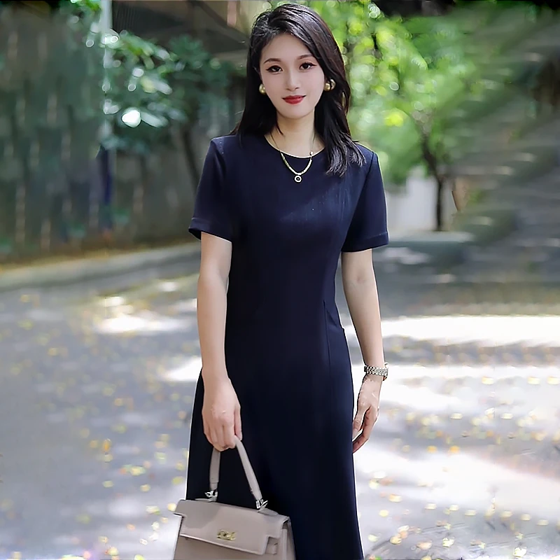 藏青色夏季职业通勤小香风时尚轻奢气质修身显瘦A字裙女装连衣裙