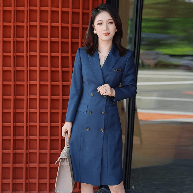 柒雁 女神范女装职业通勤轻奢气质裙子显瘦中长款双排扣女装连衣裙收腰