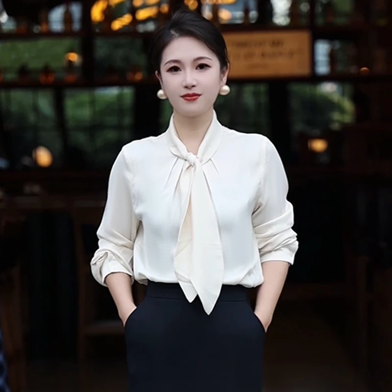 春秋新款蝴蝶结系带职业时尚衬衫女长袖衬衣宽松上衣C3001