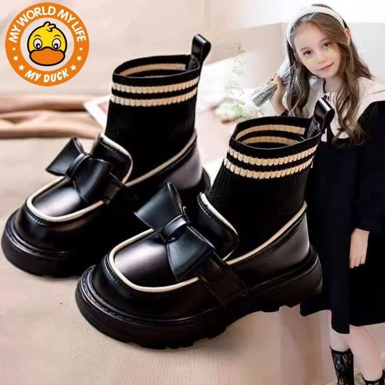 MYDUCK小黄鸭女童软底小皮鞋秋冬季保暖洋气公主鞋小女孩时尚袜靴